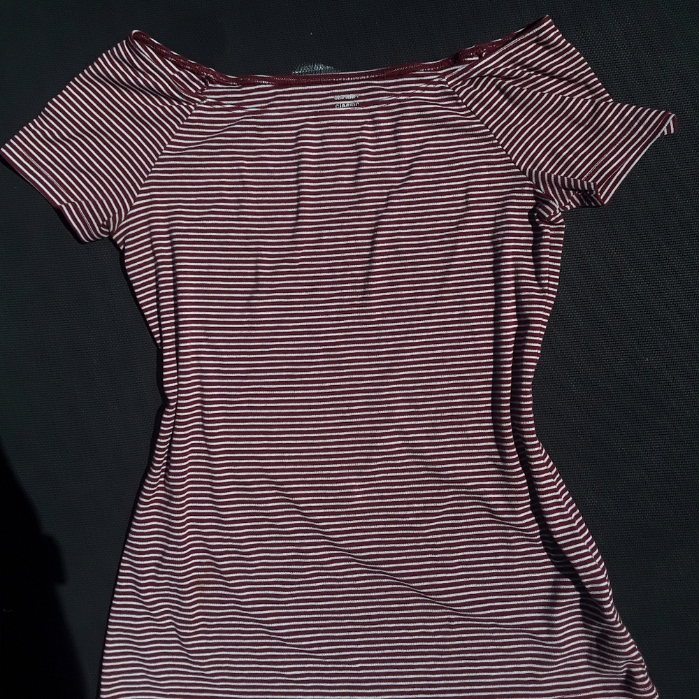 Red striped shirt top off shoulder